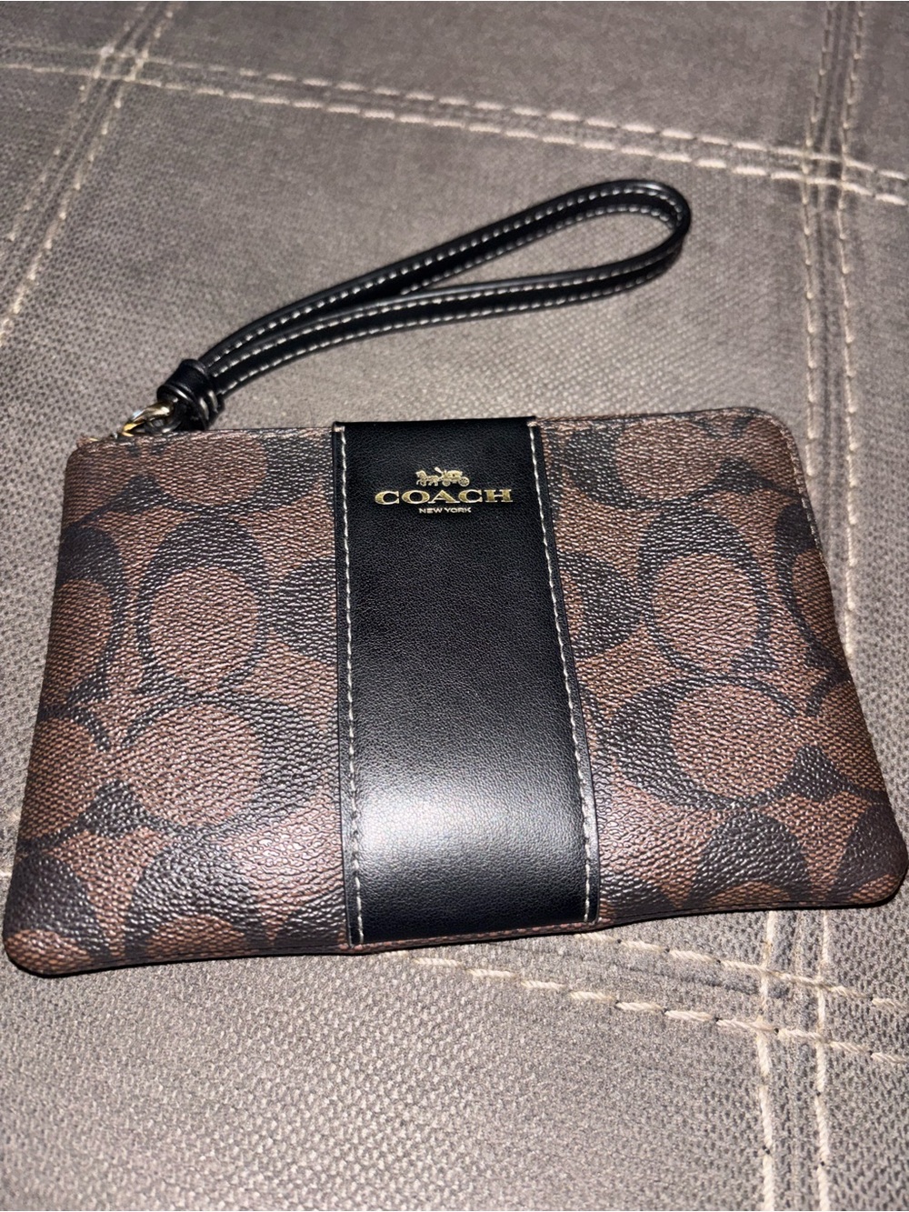Coach Brown Signature Canvas Wristlet with Black Leather Stripe